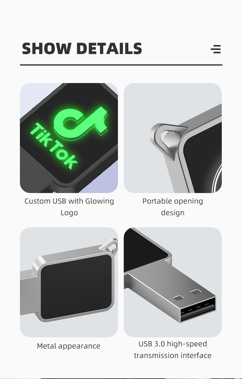 LED Light-up USB flash drive square latest hot-selling private model optional translucent color logo USB2.03.0 metal USB flash drive