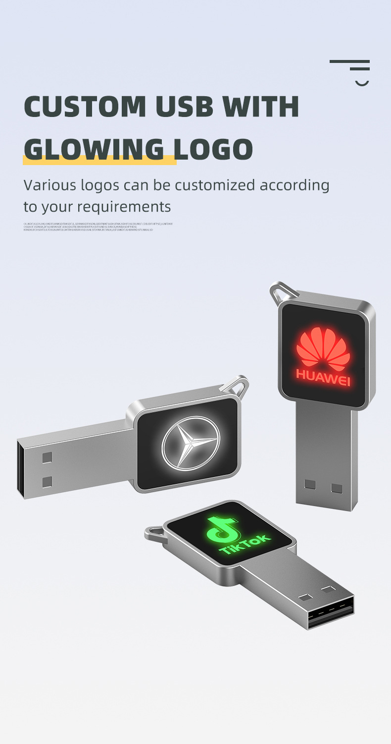 LED Light-up USB flash drive square latest hot-selling private model optional translucent color logo USB2.03.0 metal USB flash drive