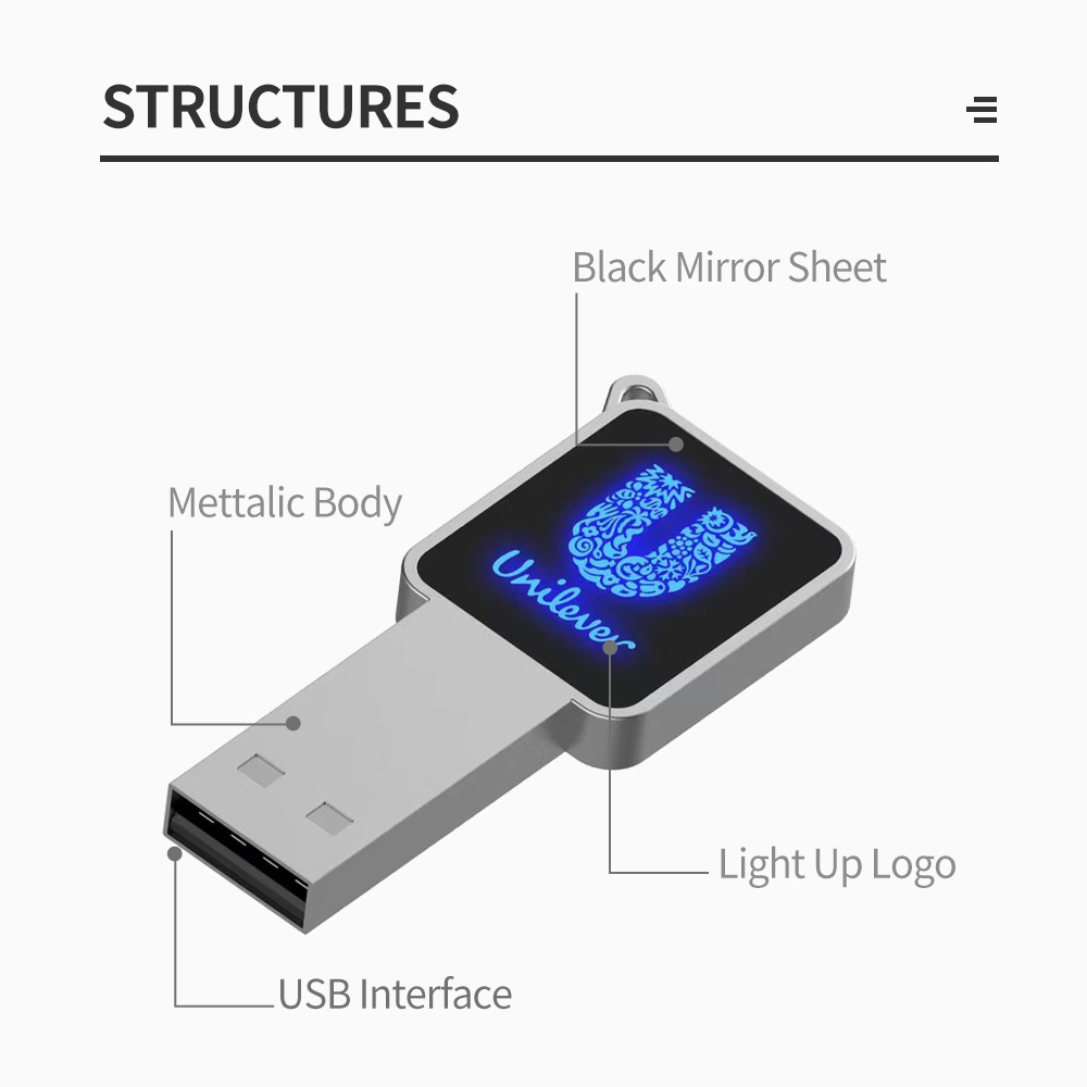 LED Light-up USB flash drive square latest hot-selling private model optional translucent color logo USB2.03.0 metal USB flash drive