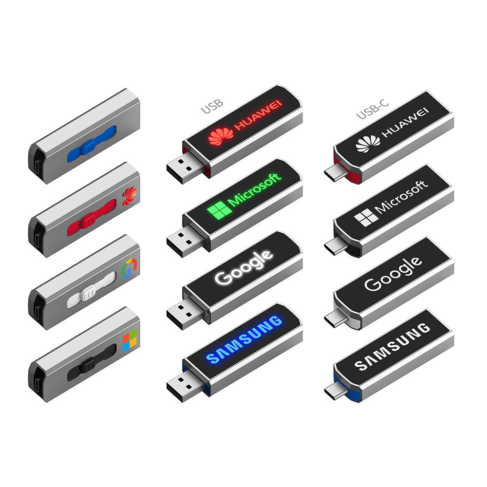 Metal Type-C mobile phone USB push and pull OTG USB flash drive LED light-up LOGO