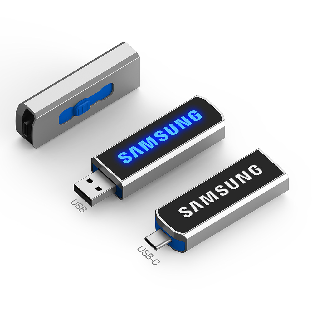 Metal Type-C mobile phone USB push and pull OTG USB flash drive LED light-up LOGO