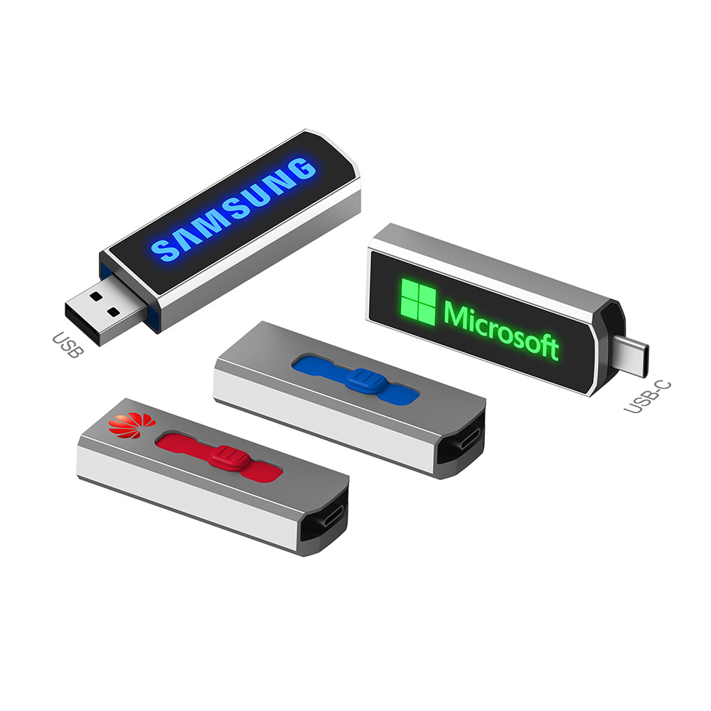 Metal Type-C mobile phone USB push and pull OTG USB flash drive LED light-up LOGO